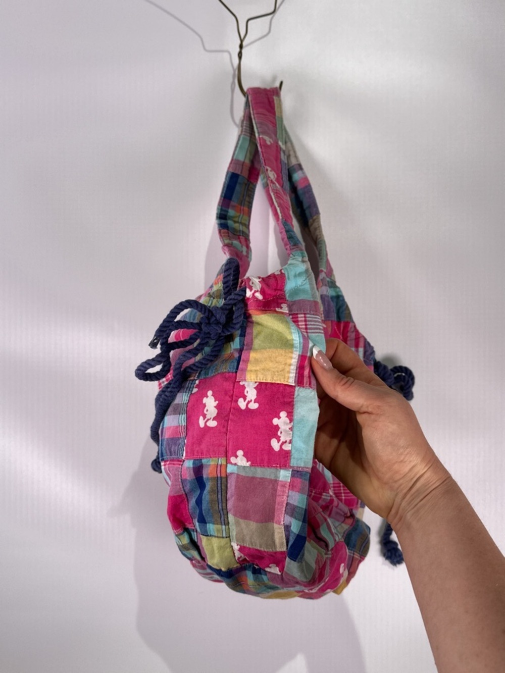 Disney Parks Hobo Bag Mickey Mouse Rope Cinch Plaid Patchwork Pink Multi OS - Picture 3 of 13